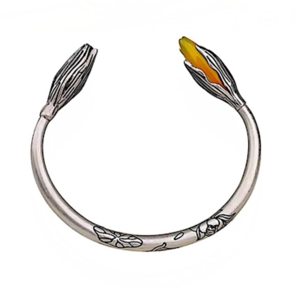 STERLING SILVER JADE FLOWER BANGLE BRACELET - Picture 2 of 9